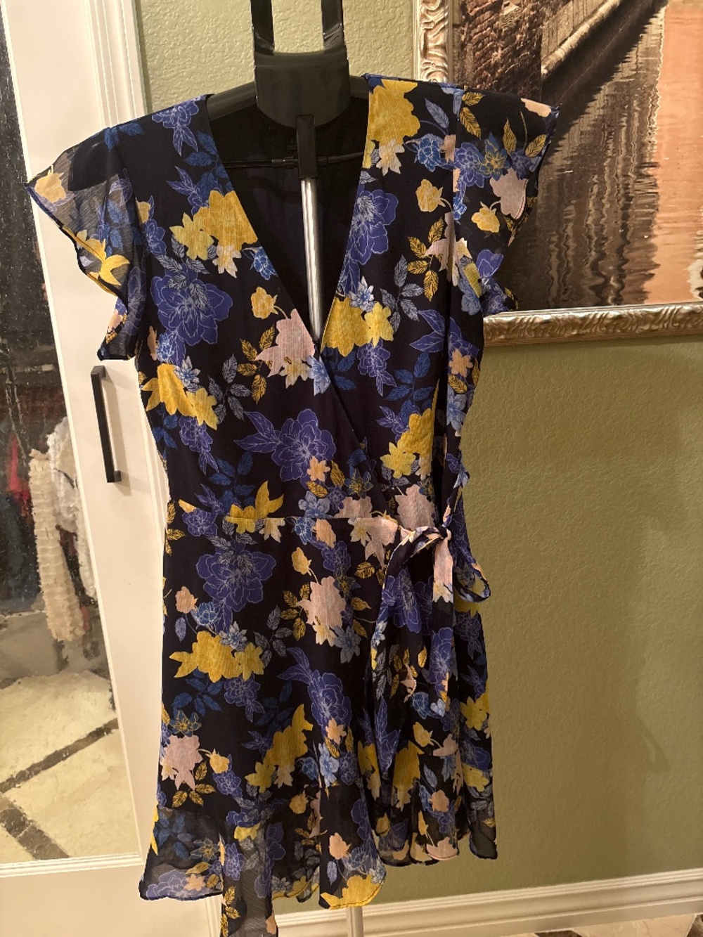 Banana Republic Blue & Yellow Floral Faux Wrap Ruffle Dress - Size 4